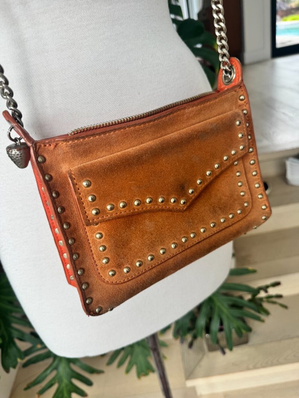 Rare Zara StuddeOrange Suede Leather Bag Gold Chain Strap